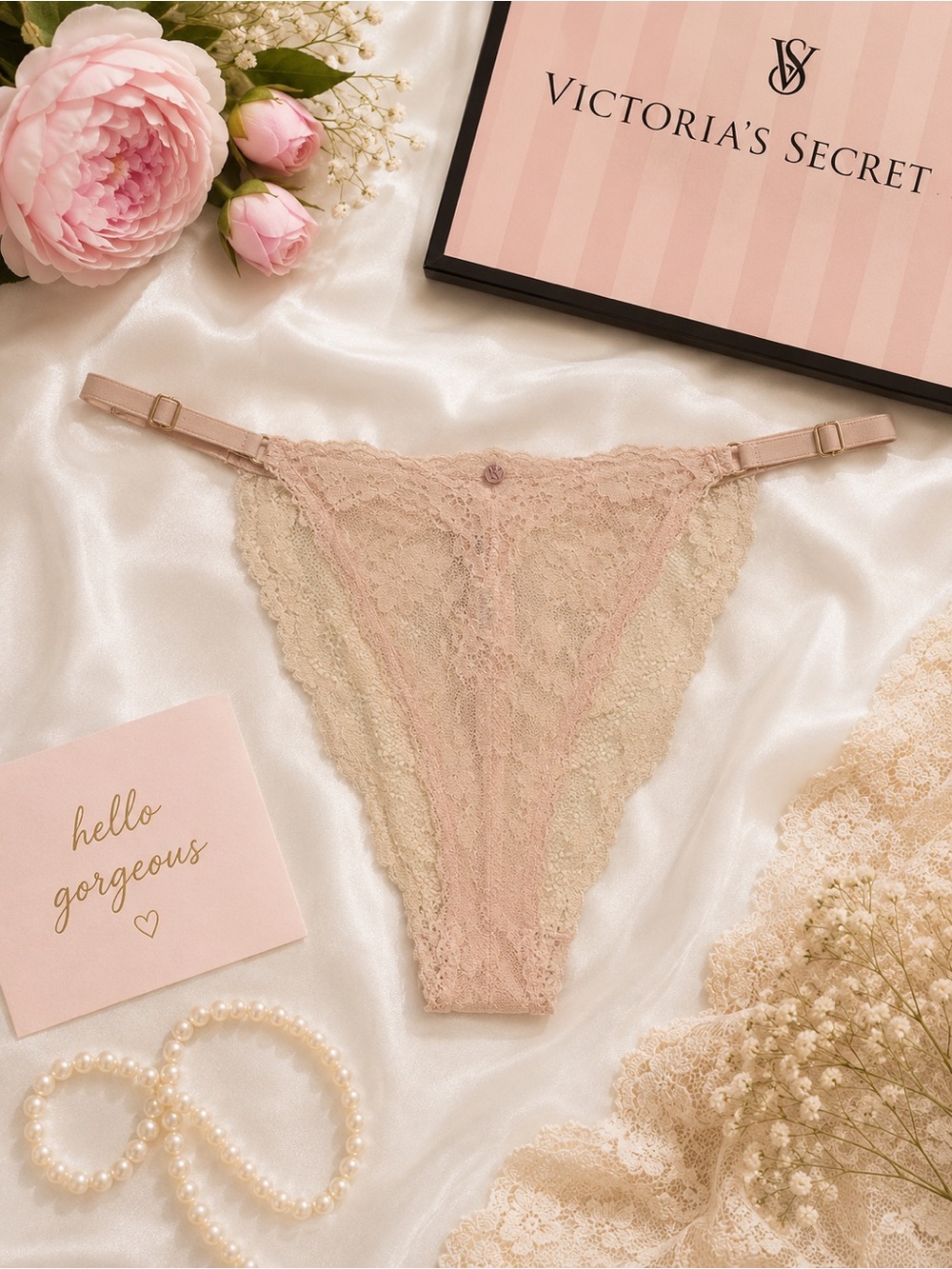 NWT Victoria's Secret Lace Thong Panty - Blush Pink & Cream Size XL